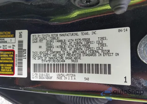 2014 Toyota Tundra 1794 5.7L V8 z USA, uszkodzony, nr VIN 5TFAY5F19EX381484